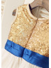 Gold Sequin Ivory Tulle With Royal Blue Flower Sash Knee Length Flower Girl Dress